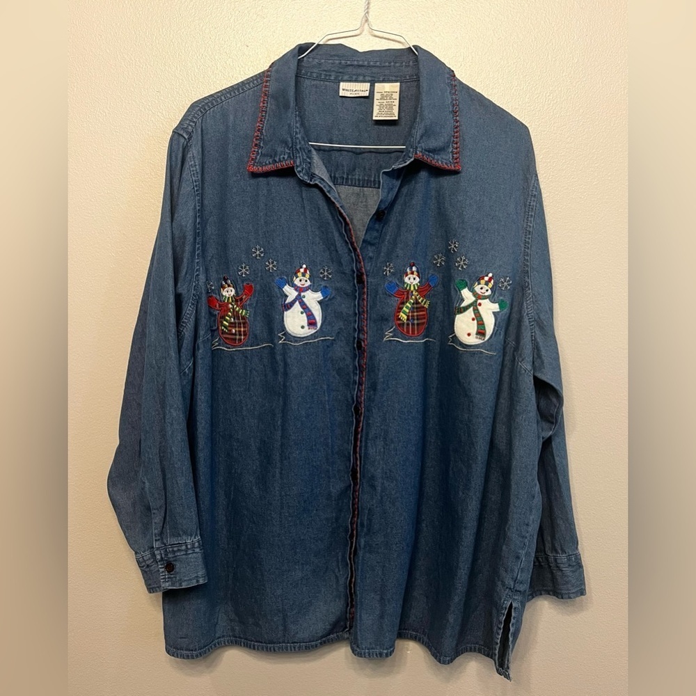 White Stag Holiday Snowman Embroidered Denim Shirt VTG Size 22/24